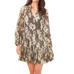 NEW Vince Camuto Lurex Floral Print Tiered Shift Dress Black & Gold Size XL